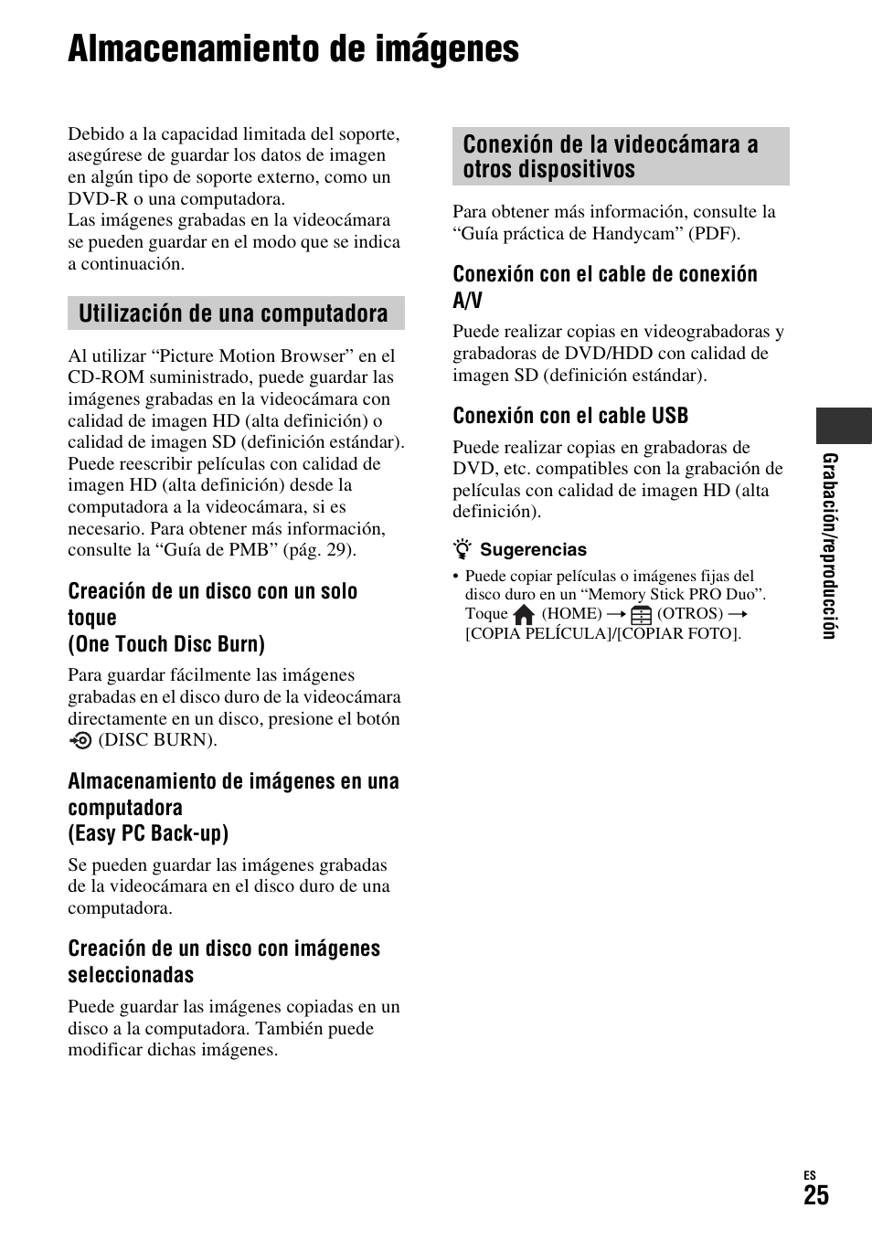 Almacenamiento de imágenes | Sony HDR-SR11 User Manual | Page 59 / 72
