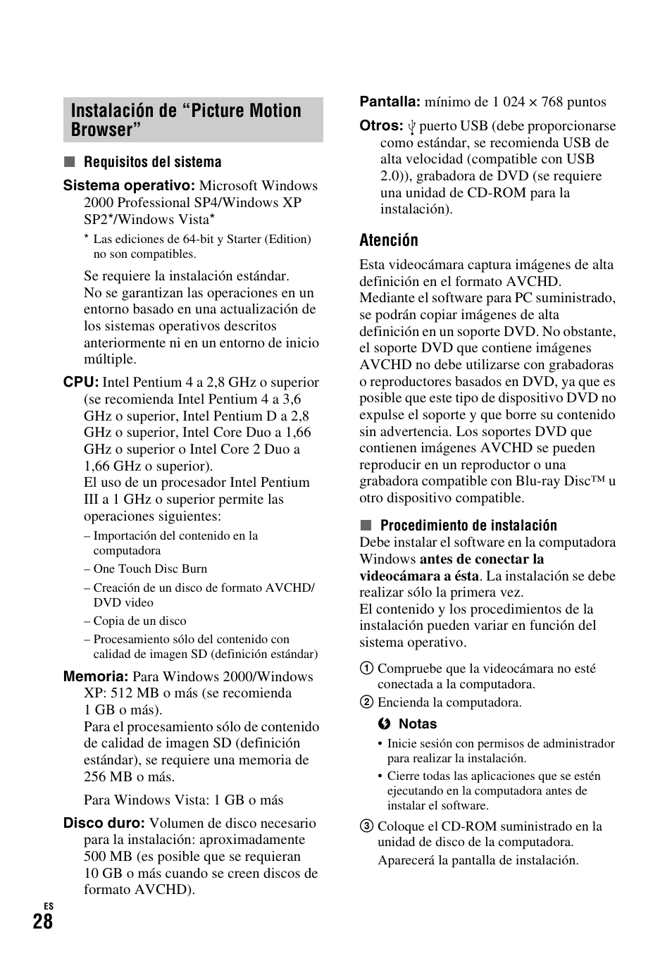 Instalación de “picture motion browser, Instalación de “picture motion, Browser | Atención | Sony HDR-SR11 User Manual | Page 62 / 72
