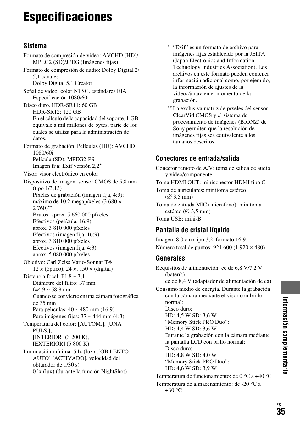 Especificaciones | Sony HDR-SR11 User Manual | Page 69 / 72