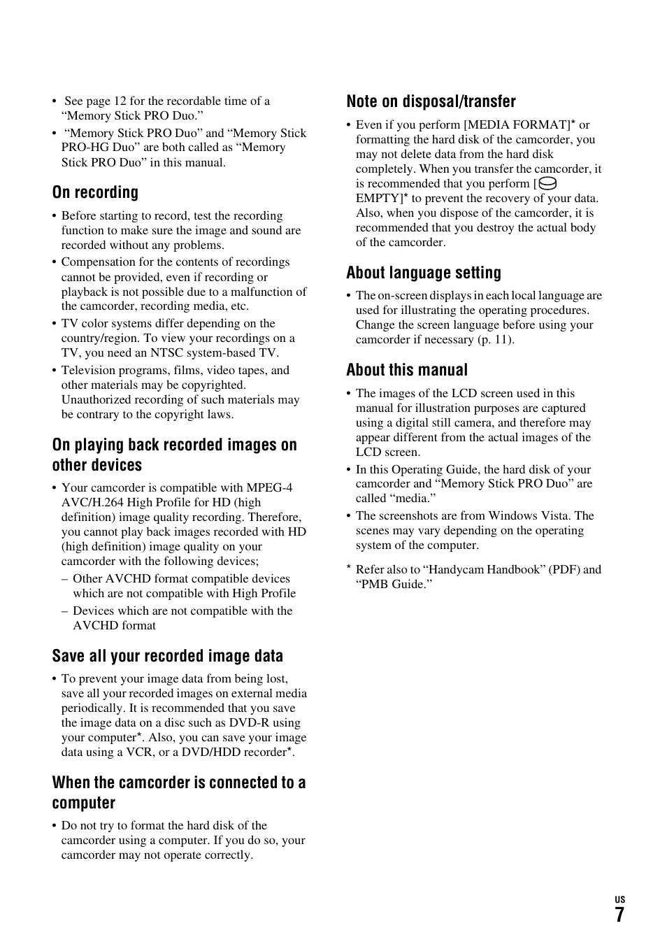 On recording, On playing back recorded images on other devices, Save all your recorded image data | When the camcorder is connected to a computer, About language setting, About this manual | Sony HDR-SR11 User Manual | Page 7 / 72