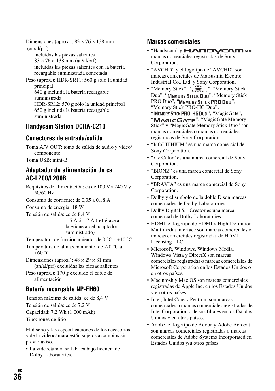 Batería recargable np-fh60, Marcas comerciales | Sony HDR-SR11 User Manual | Page 70 / 72