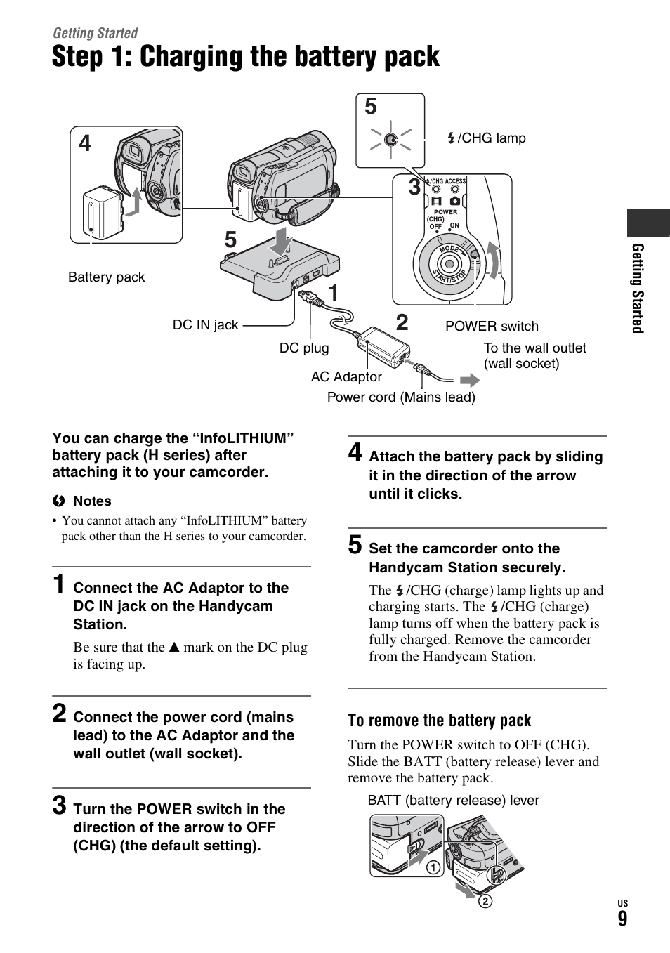 Getting started, Step 1: charging the battery pack | Sony HDR-SR11 User Manual | Page 9 / 72