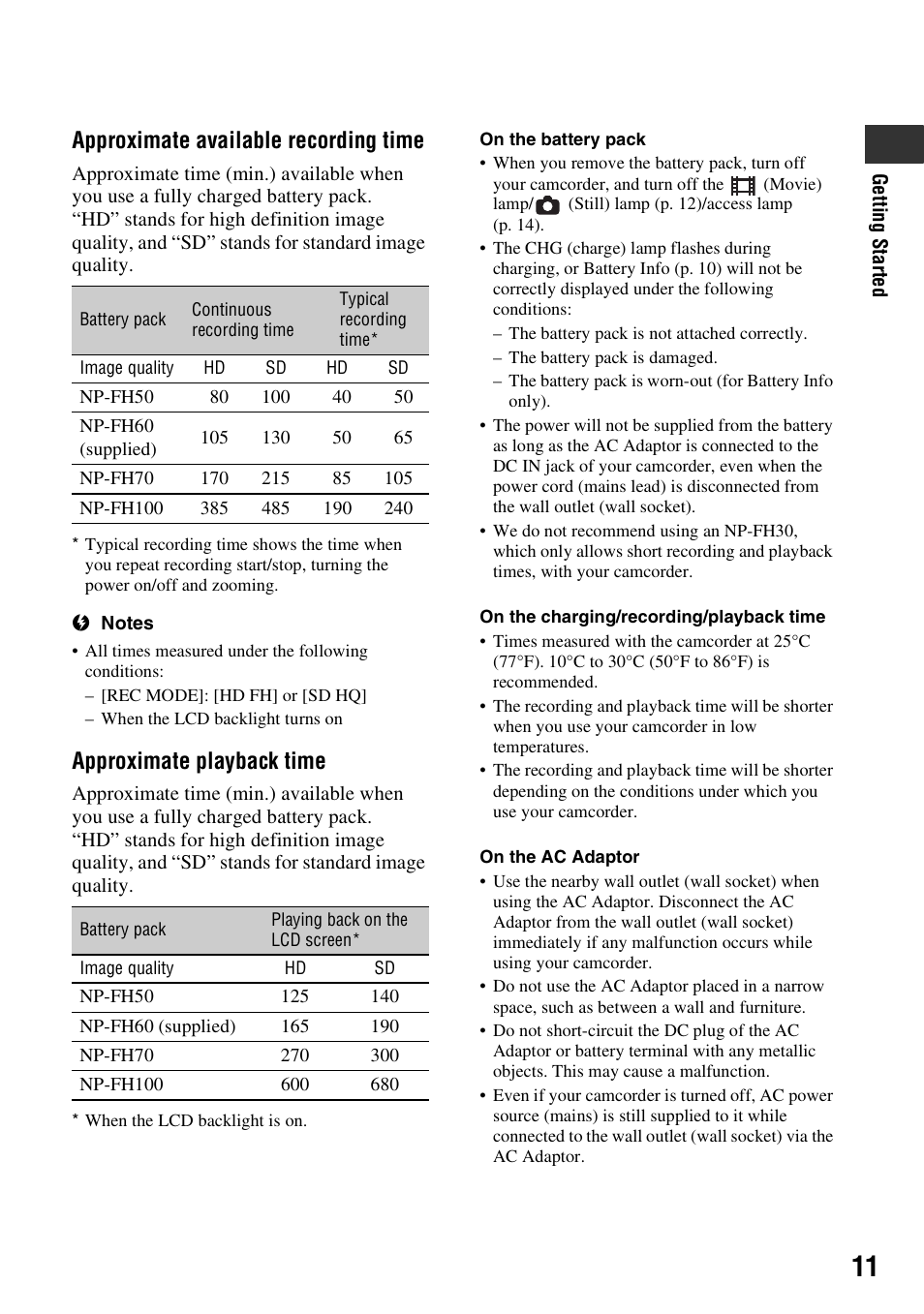 Approximate available recording time, Approximate playback time | Sony HXR-MC1 User Manual | Page 11 / 96