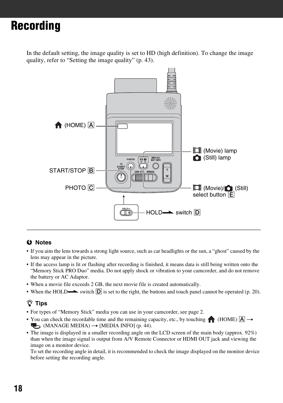 Recording | Sony HXR-MC1 User Manual | Page 18 / 96