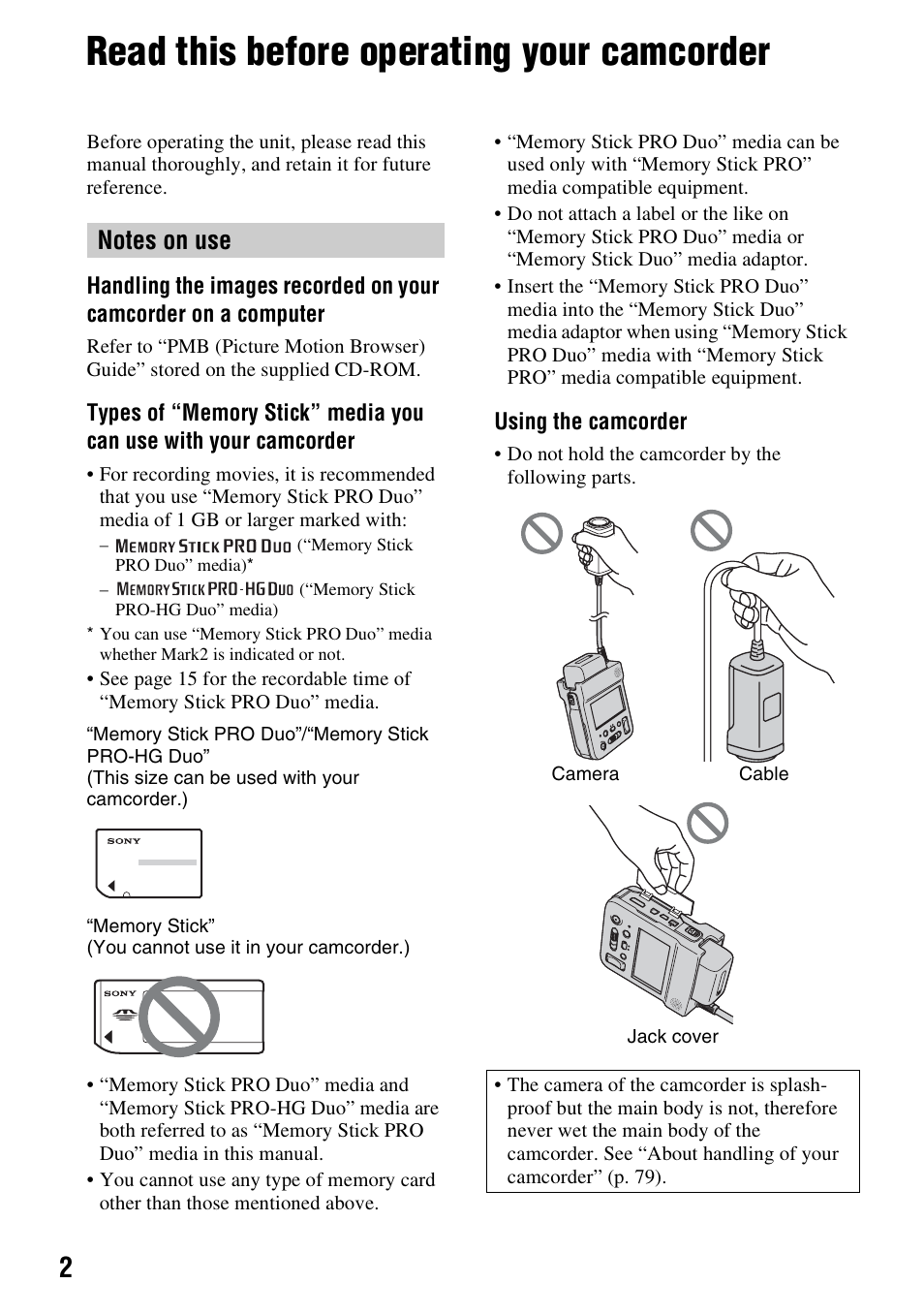 Read this before operating your camcorder | Sony HXR-MC1 User Manual | Page 2 / 96