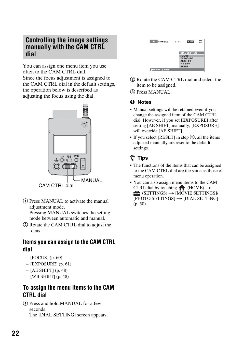 Al (p. 22), P. 22), Items you can assign to the cam ctrl dial | Sony HXR-MC1 User Manual | Page 22 / 96