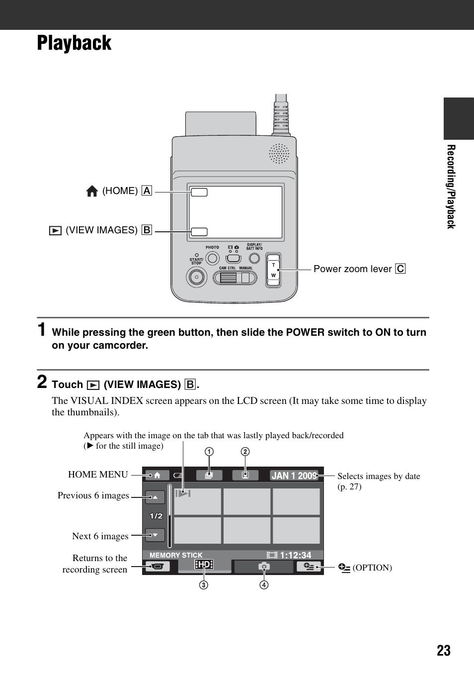 Playback | Sony HXR-MC1 User Manual | Page 23 / 96