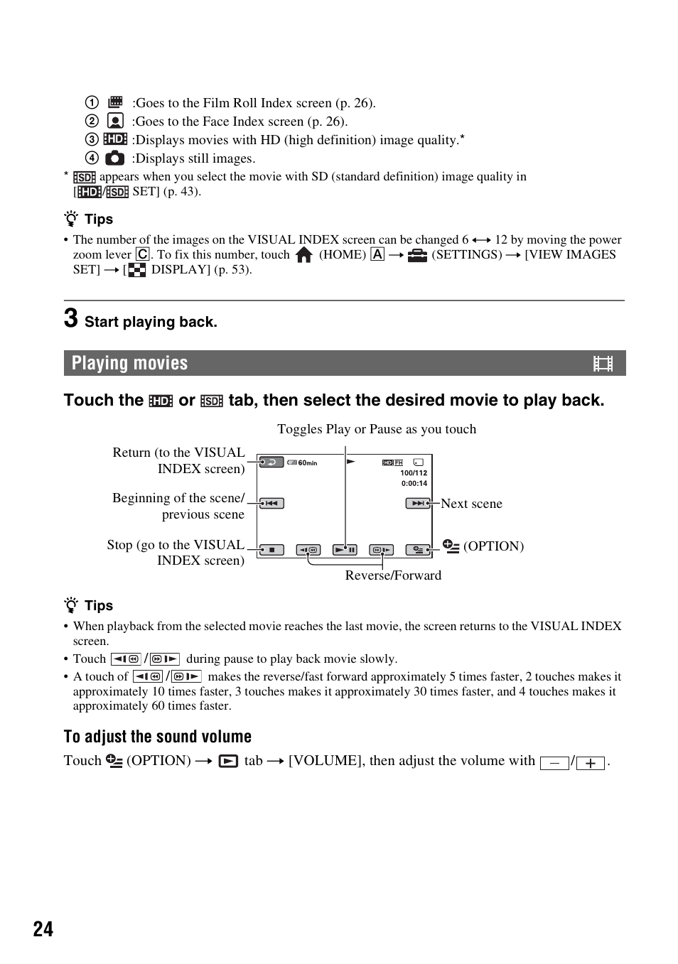 Playing movies | Sony HXR-MC1 User Manual | Page 24 / 96