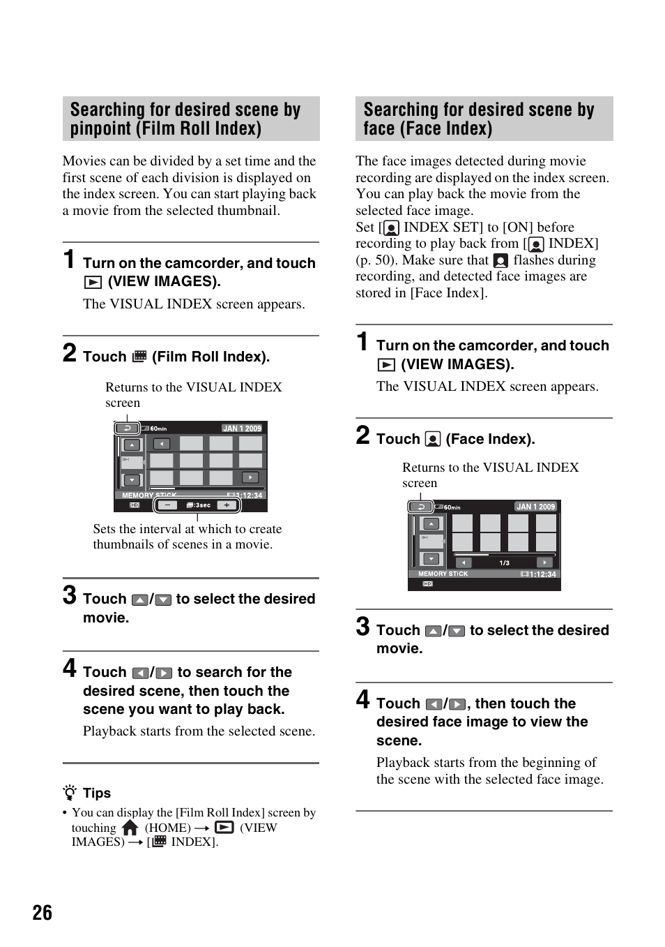 Searching for desired scene by face (face index), P. 26) | Sony HXR-MC1 User Manual | Page 26 / 96