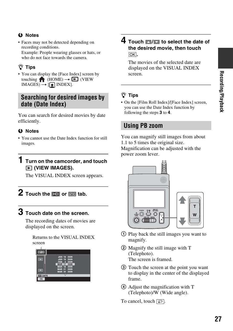 Searching for desired images by date (date index), Using pb zoom | Sony HXR-MC1 User Manual | Page 27 / 96