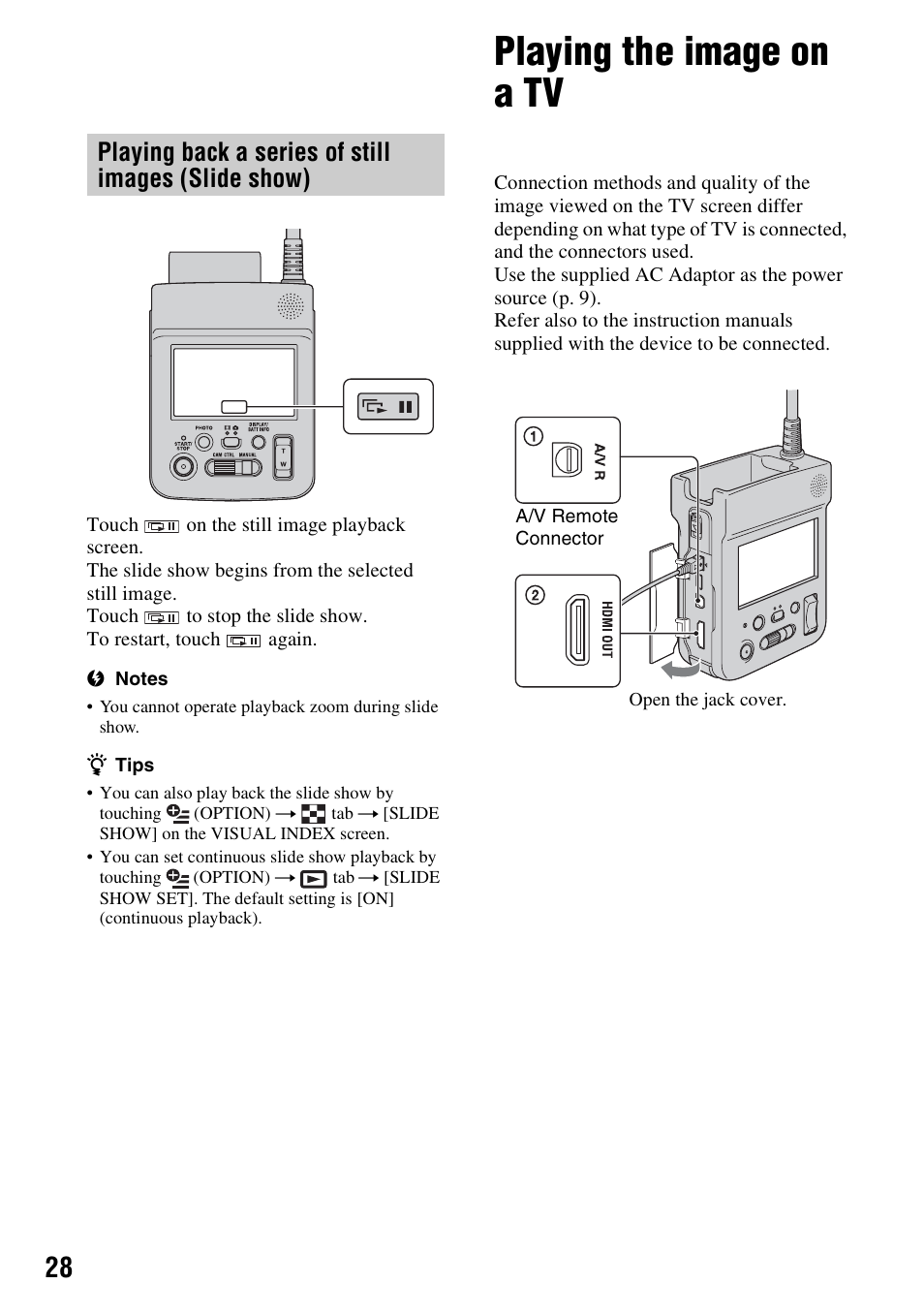 Playing back a series of still images (slide show), Playing the image on a tv | Sony HXR-MC1 User Manual | Page 28 / 96