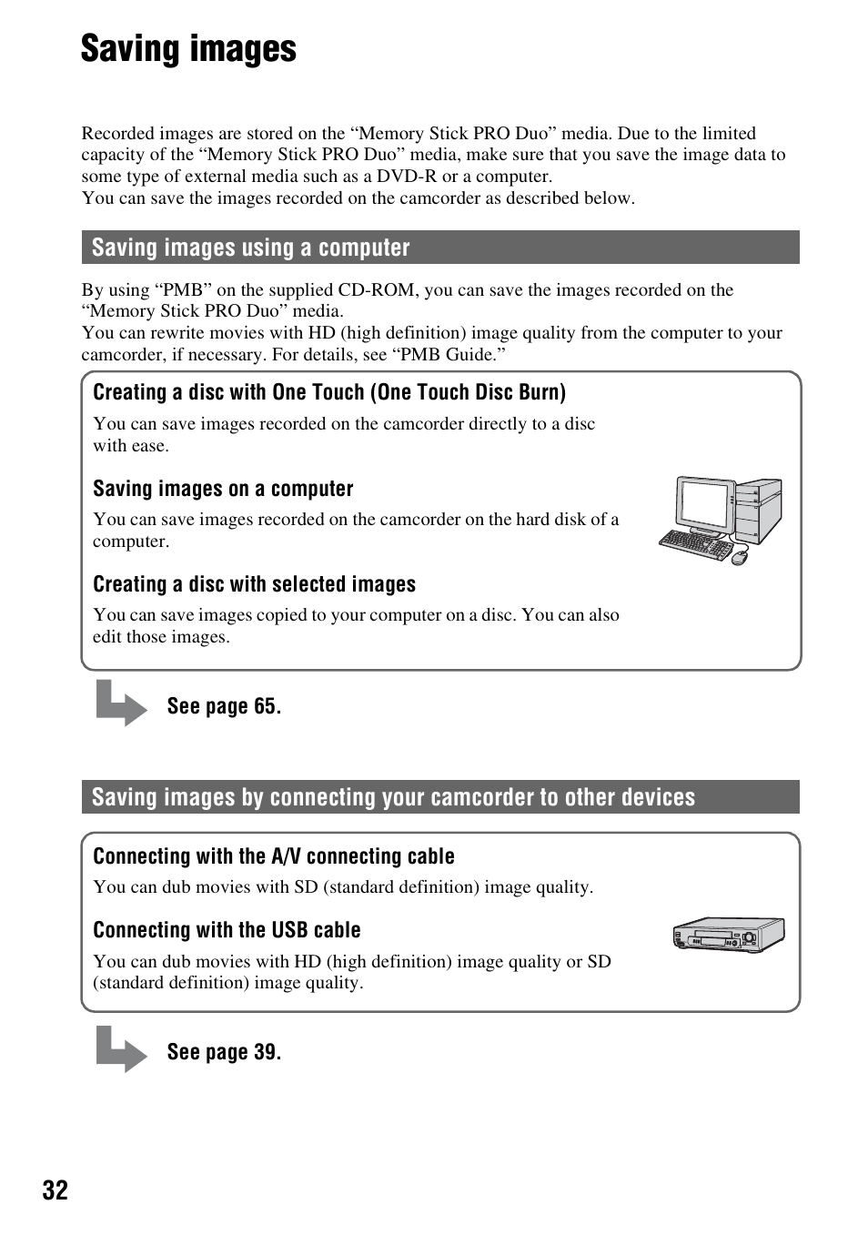 Saving images | Sony HXR-MC1 User Manual | Page 32 / 96