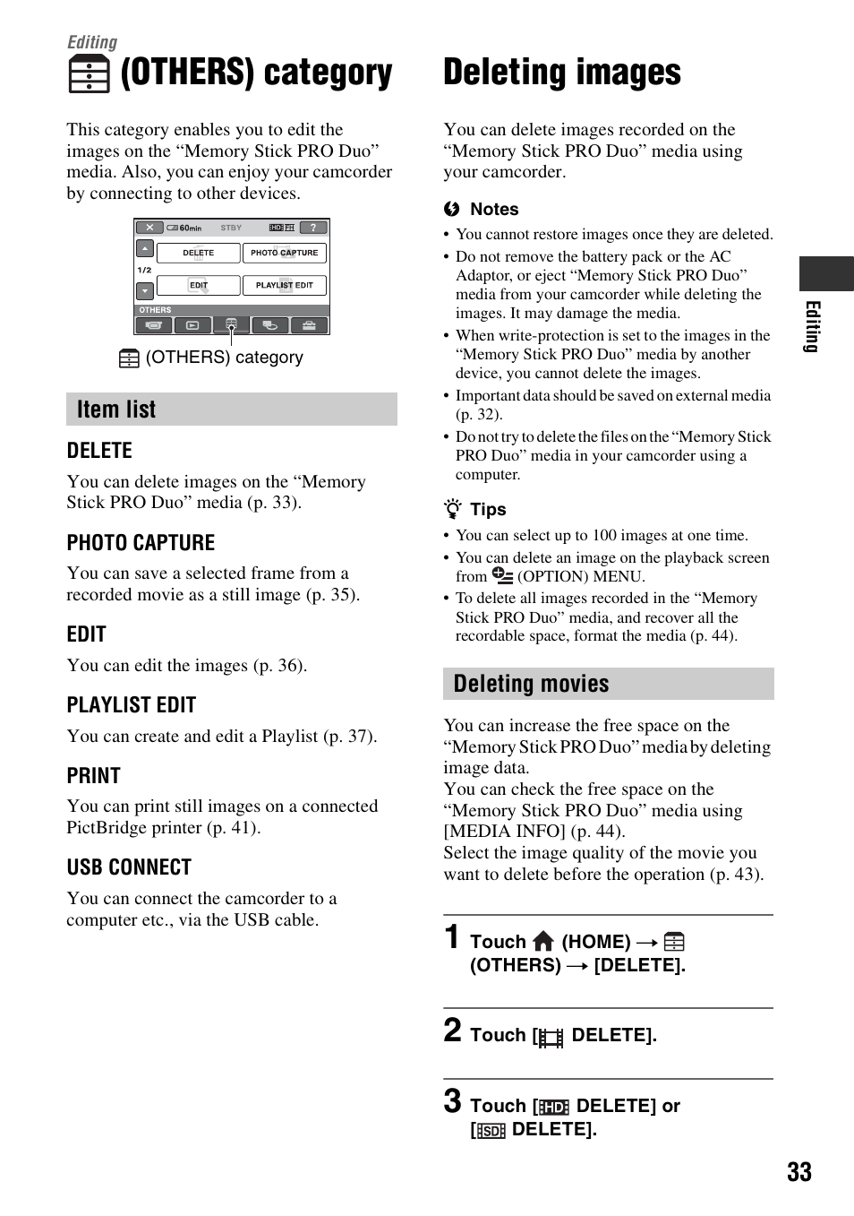 Editing, Others) category, Deleting images | Item list, Deleting movies | Sony HXR-MC1 User Manual | Page 33 / 96