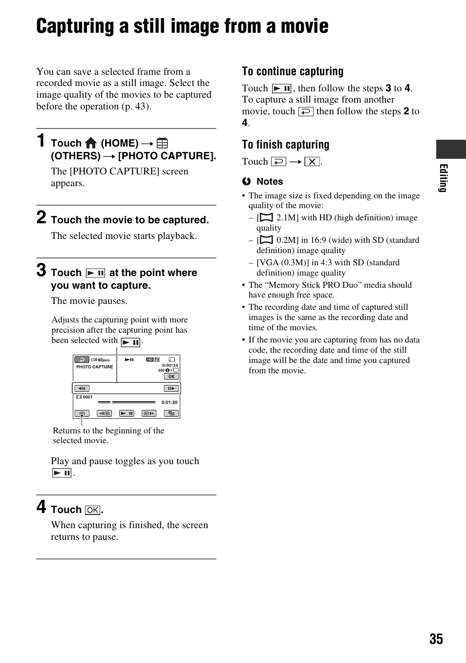 Capturing a still image from a movie, P. 35) | Sony HXR-MC1 User Manual | Page 35 / 96