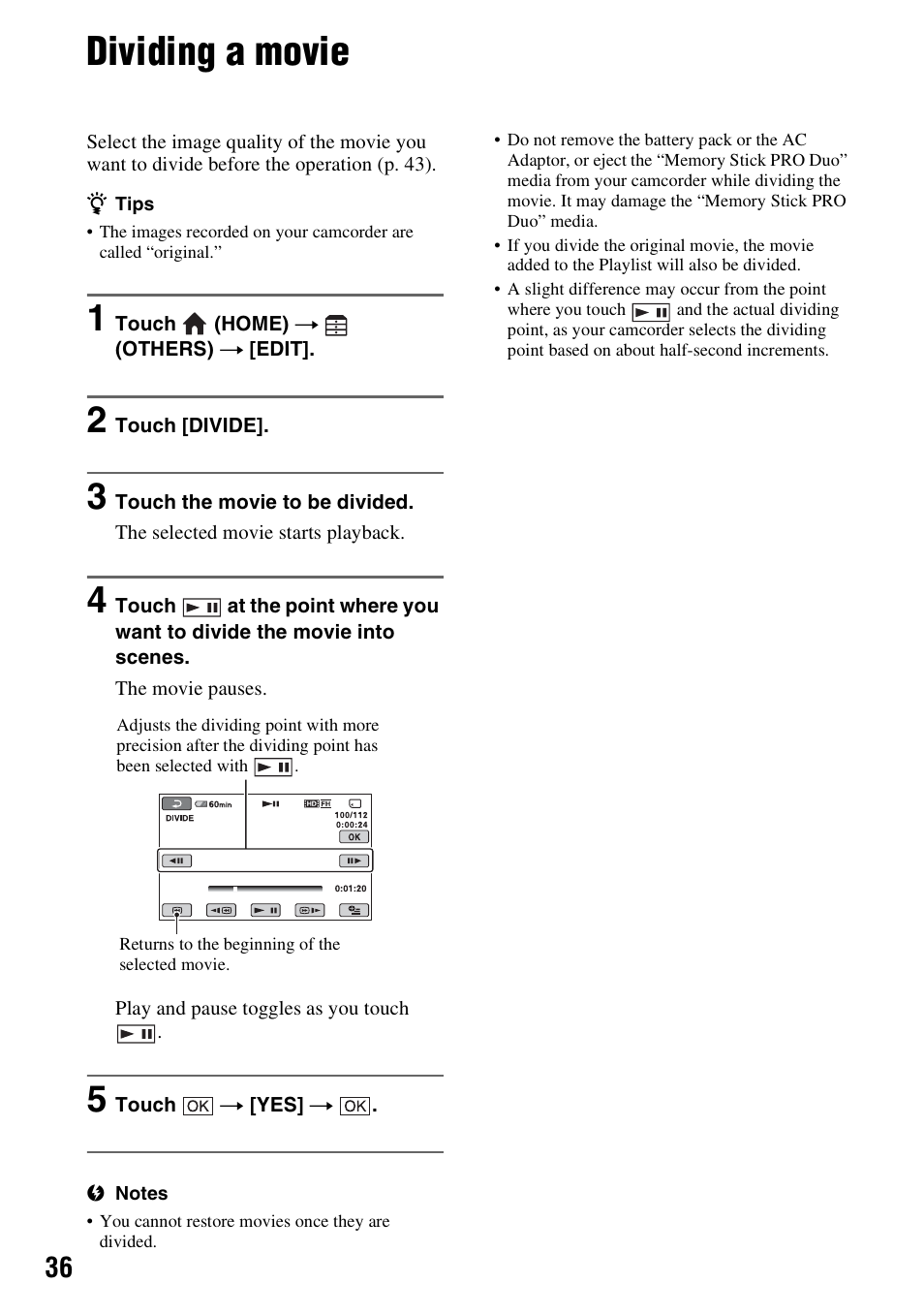 Dividing a movie, P. 36) | Sony HXR-MC1 User Manual | Page 36 / 96