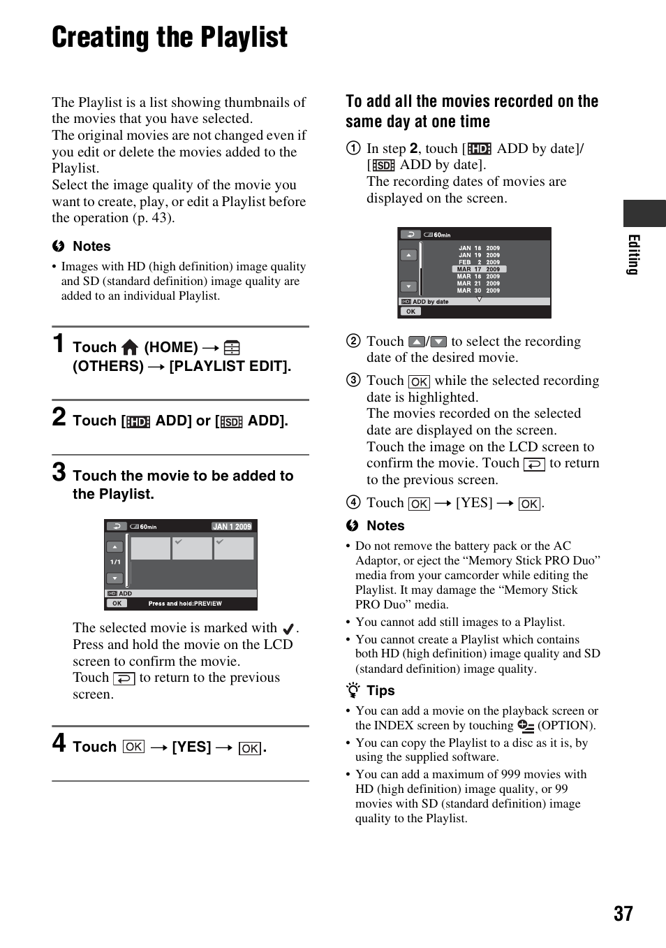 Creating the playlist, P. 37) | Sony HXR-MC1 User Manual | Page 37 / 96