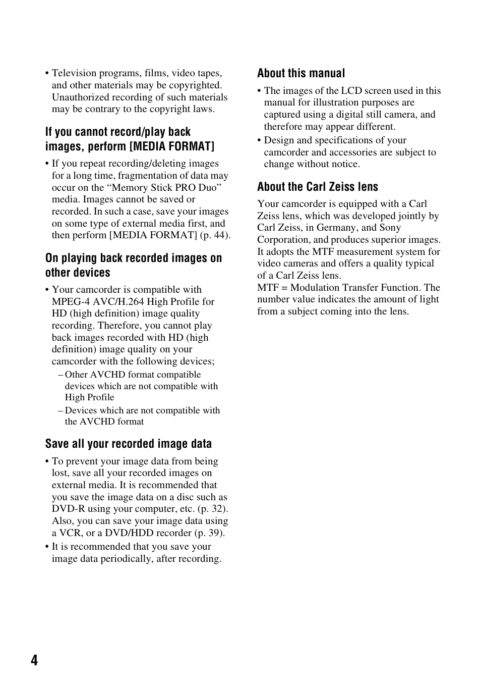 Sony HXR-MC1 User Manual | Page 4 / 96