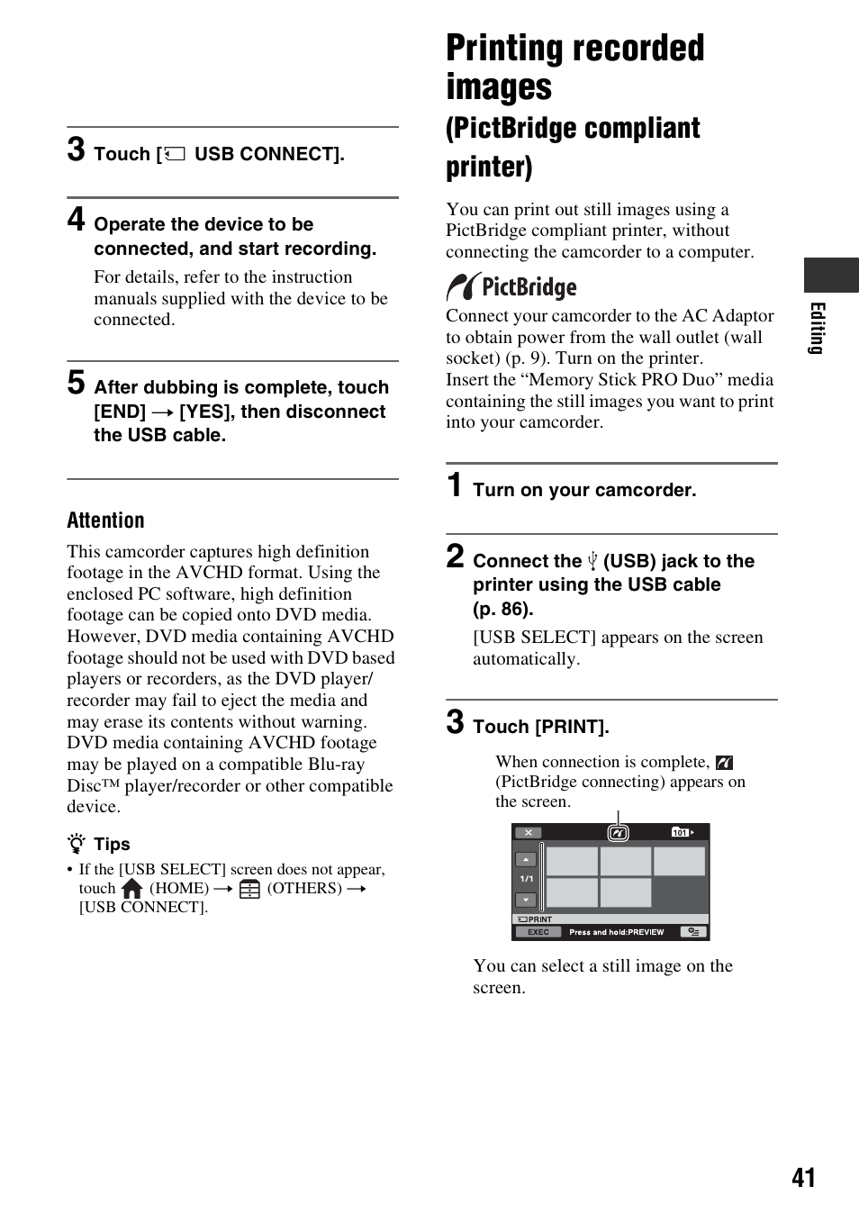 R (p. 41), Printing recorded images, Pictbridge compliant printer) | Sony HXR-MC1 User Manual | Page 41 / 96