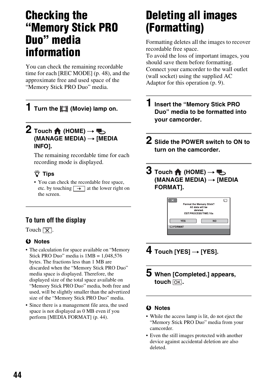 Deleting all images (formatting), A (p. 44), P. 44 | P. 44), E (p. 44 | Sony HXR-MC1 User Manual | Page 44 / 96