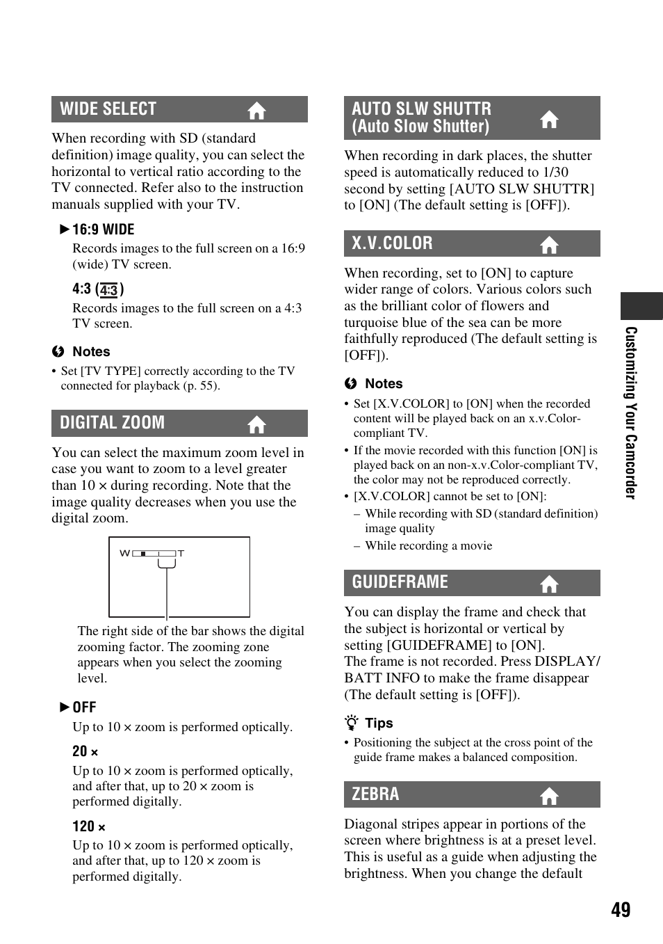 P. 49), Wide select digital zoom | Sony HXR-MC1 User Manual | Page 49 / 96