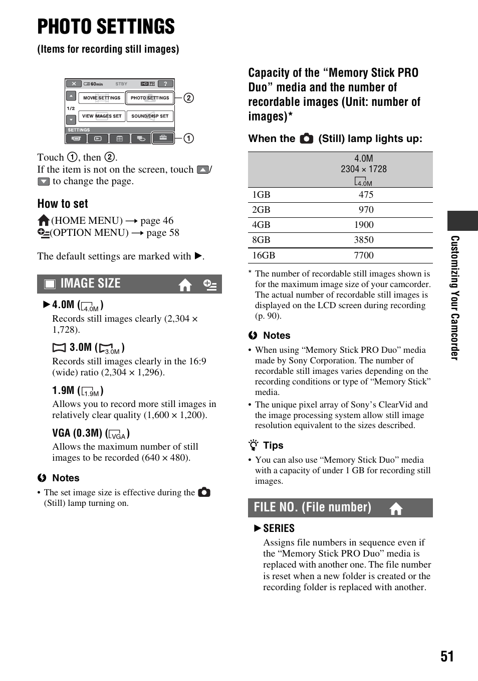Photo settings, Items for recording still images), P. 51) | Image size, File no. (file number) | Sony HXR-MC1 User Manual | Page 51 / 96