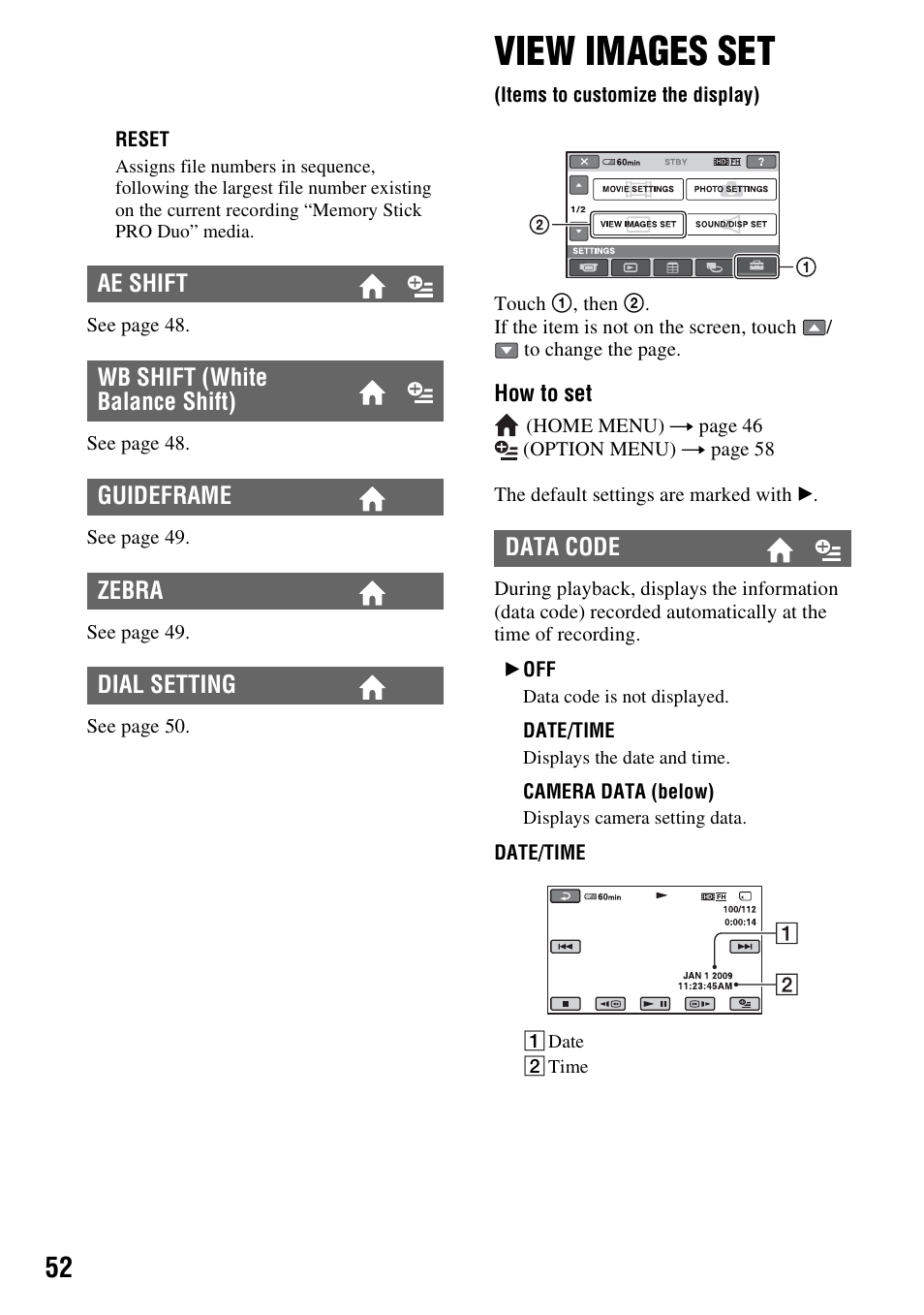 View images set, Items to customize the display), P. 52) | Een (p. 52), T (p. 52) | Sony HXR-MC1 User Manual | Page 52 / 96