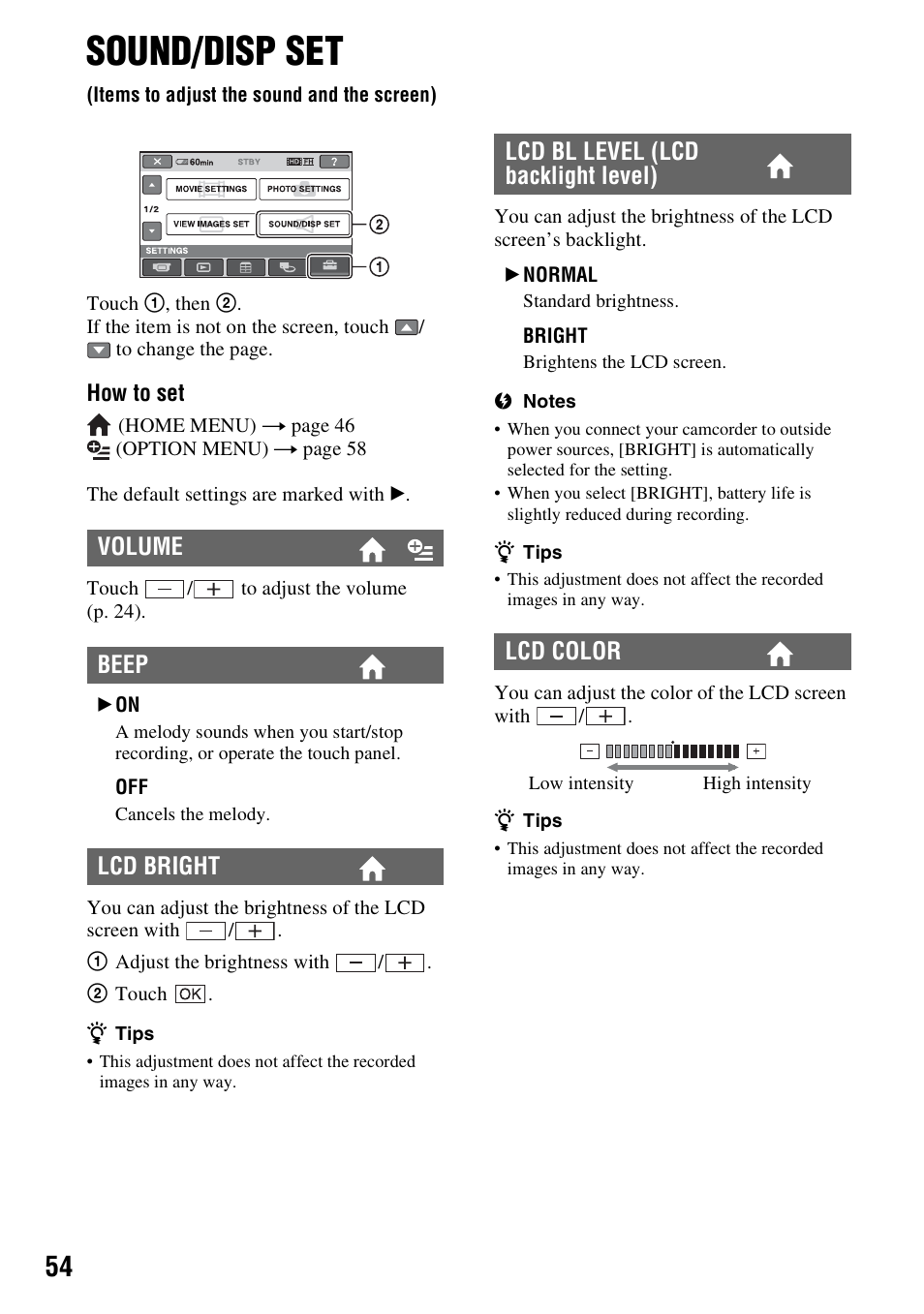 Sound/disp set, Items to adjust the sound and the screen), P. 54) | Volume beep lcd bright, Lcd bl level (lcd backlight level) lcd color | Sony HXR-MC1 User Manual | Page 54 / 96