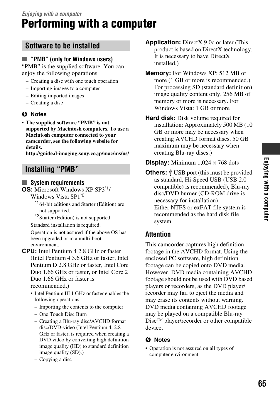Enjoying with a computer, Performing with a computer, Software to be installed installing “pmb | Sony HXR-MC1 User Manual | Page 65 / 96