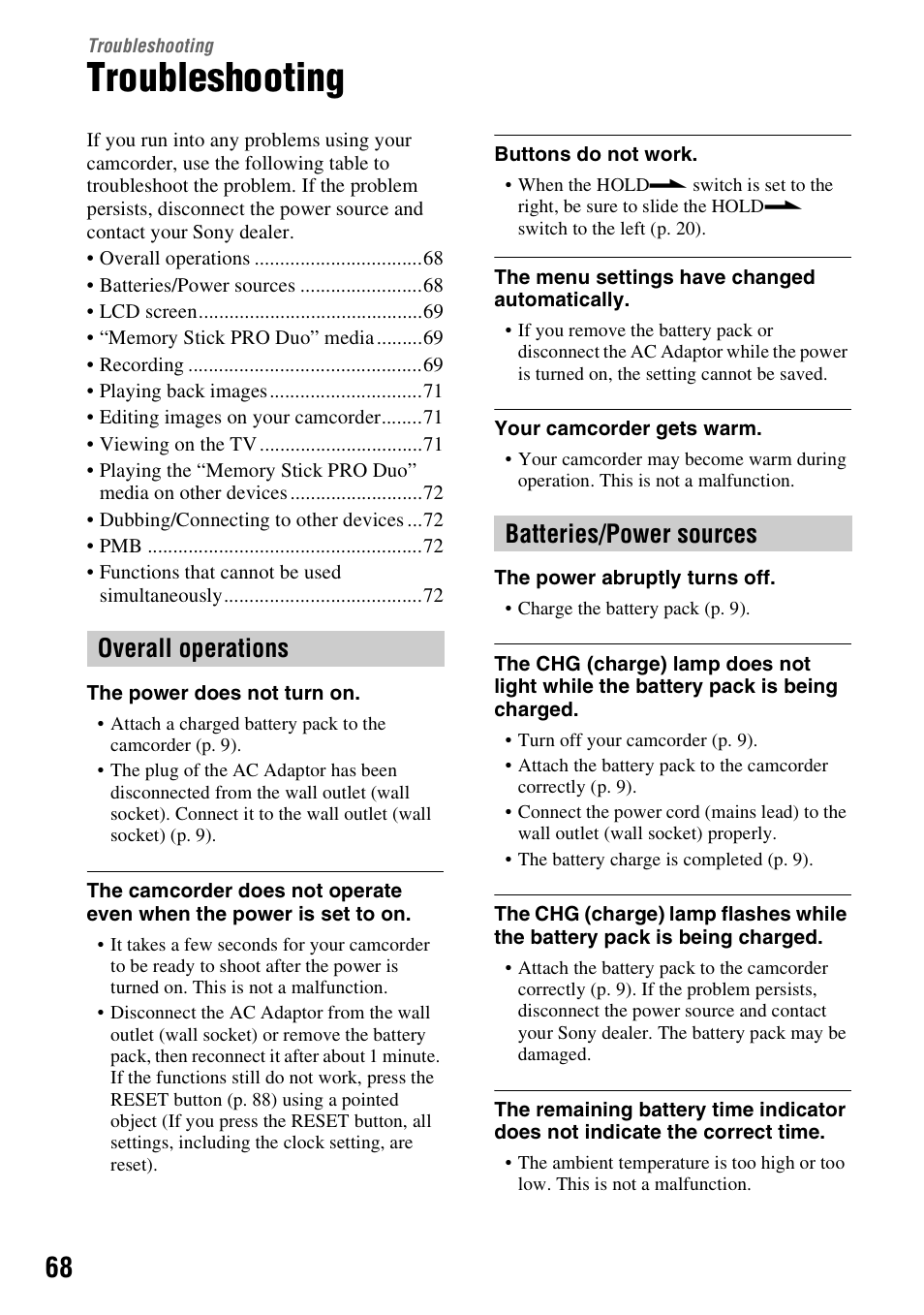 Troubleshooting, Overall operations batteries/power sources | Sony HXR-MC1 User Manual | Page 68 / 96