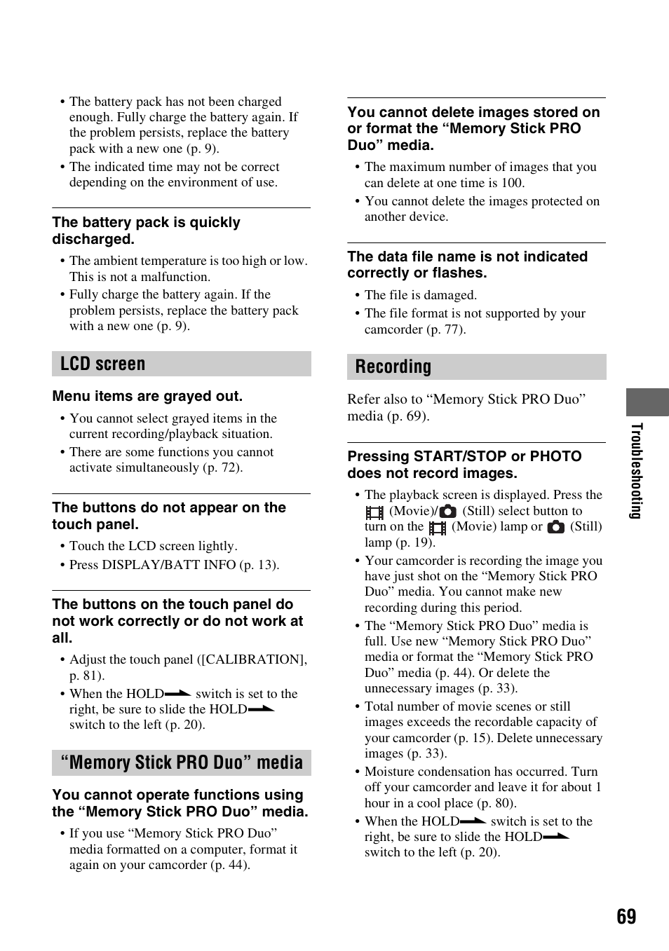 Lcd screen, Memory stick pro duo” media, Recording | Sony HXR-MC1 User Manual | Page 69 / 96