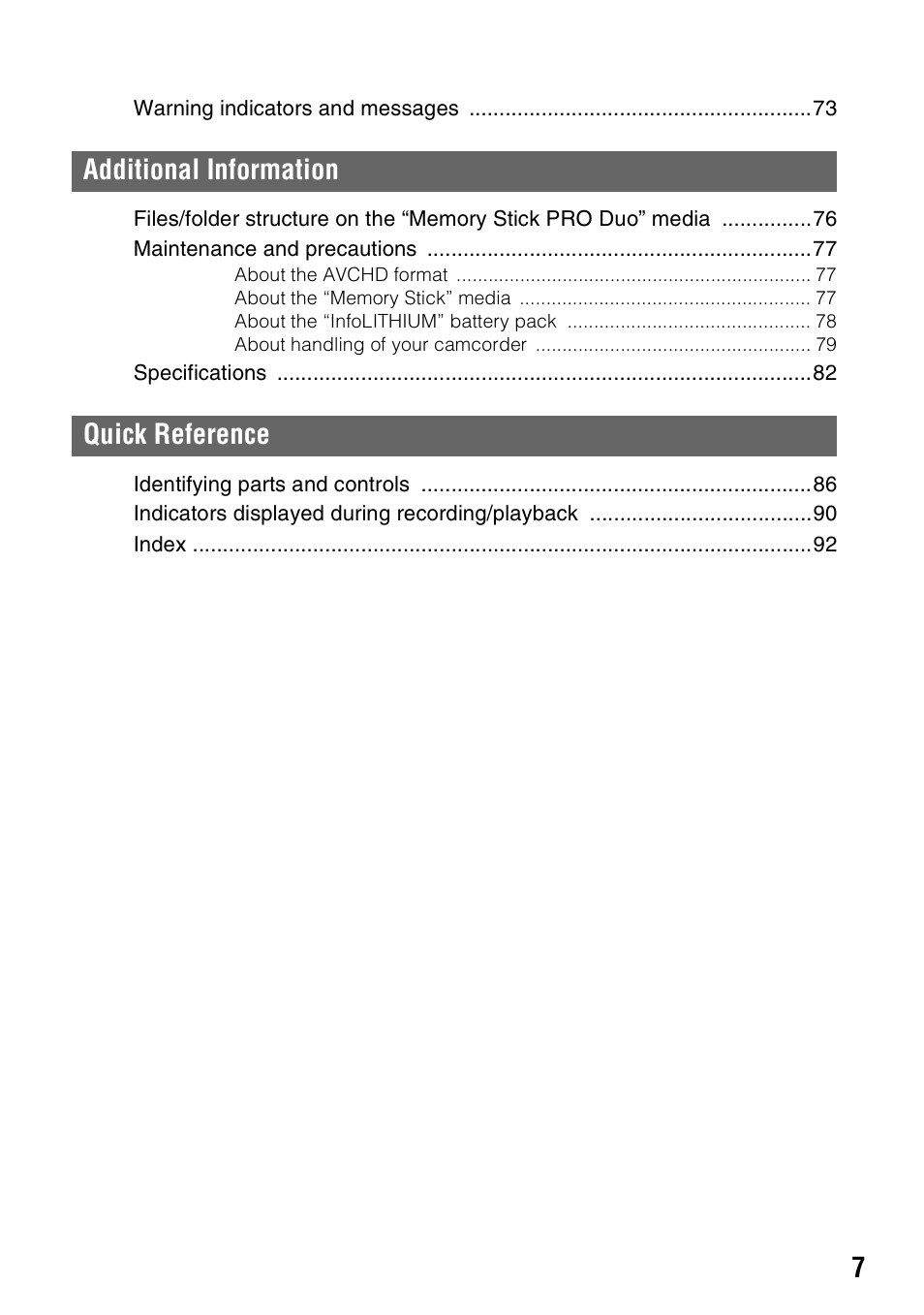 Additional information quick reference | Sony HXR-MC1 User Manual | Page 7 / 96