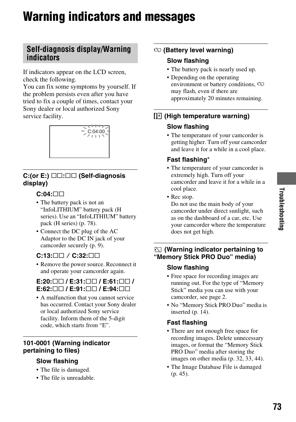 Warning indicators and messages, Self-diagnosis display/warning indicators | Sony HXR-MC1 User Manual | Page 73 / 96