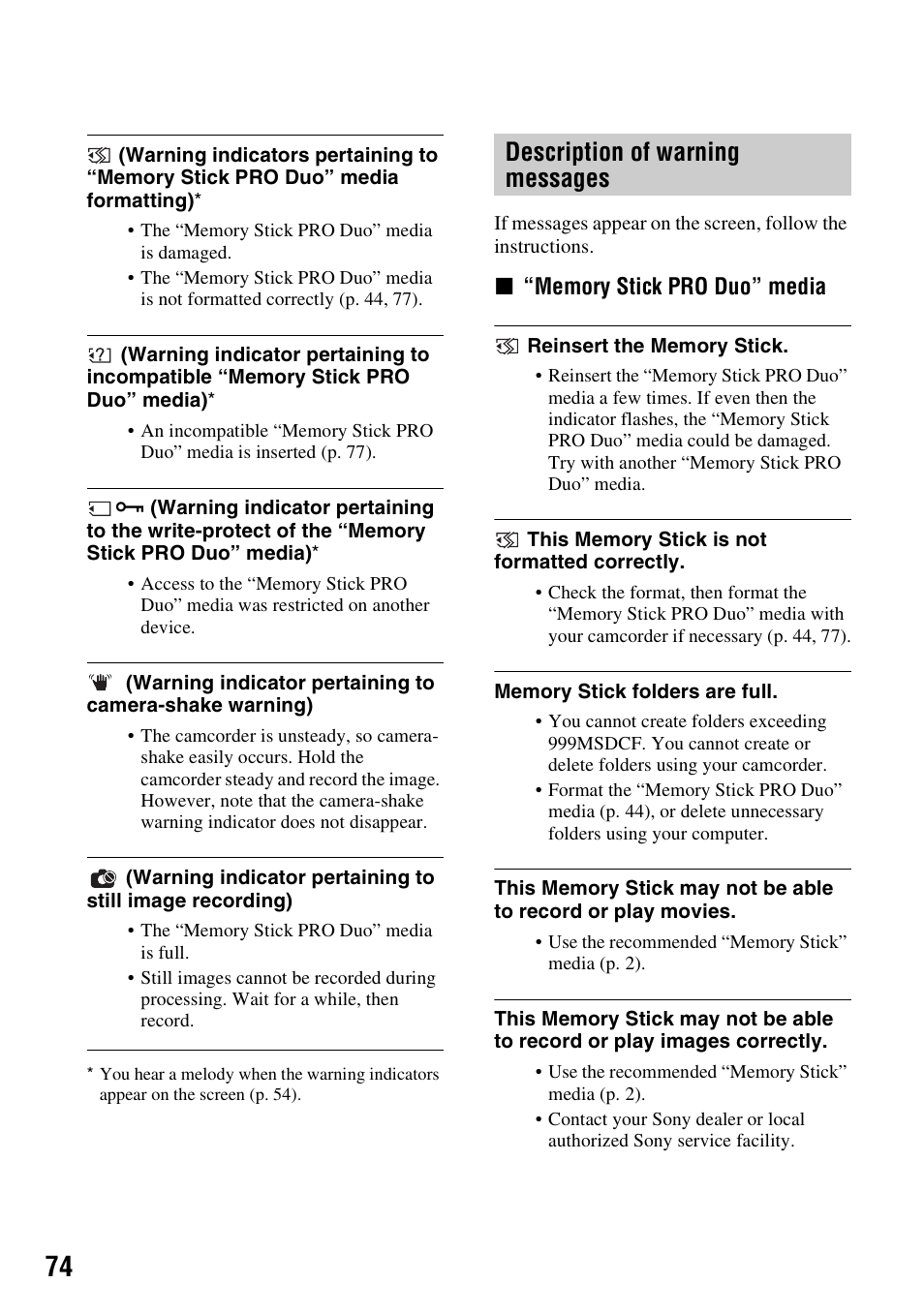 Description of warning messages | Sony HXR-MC1 User Manual | Page 74 / 96