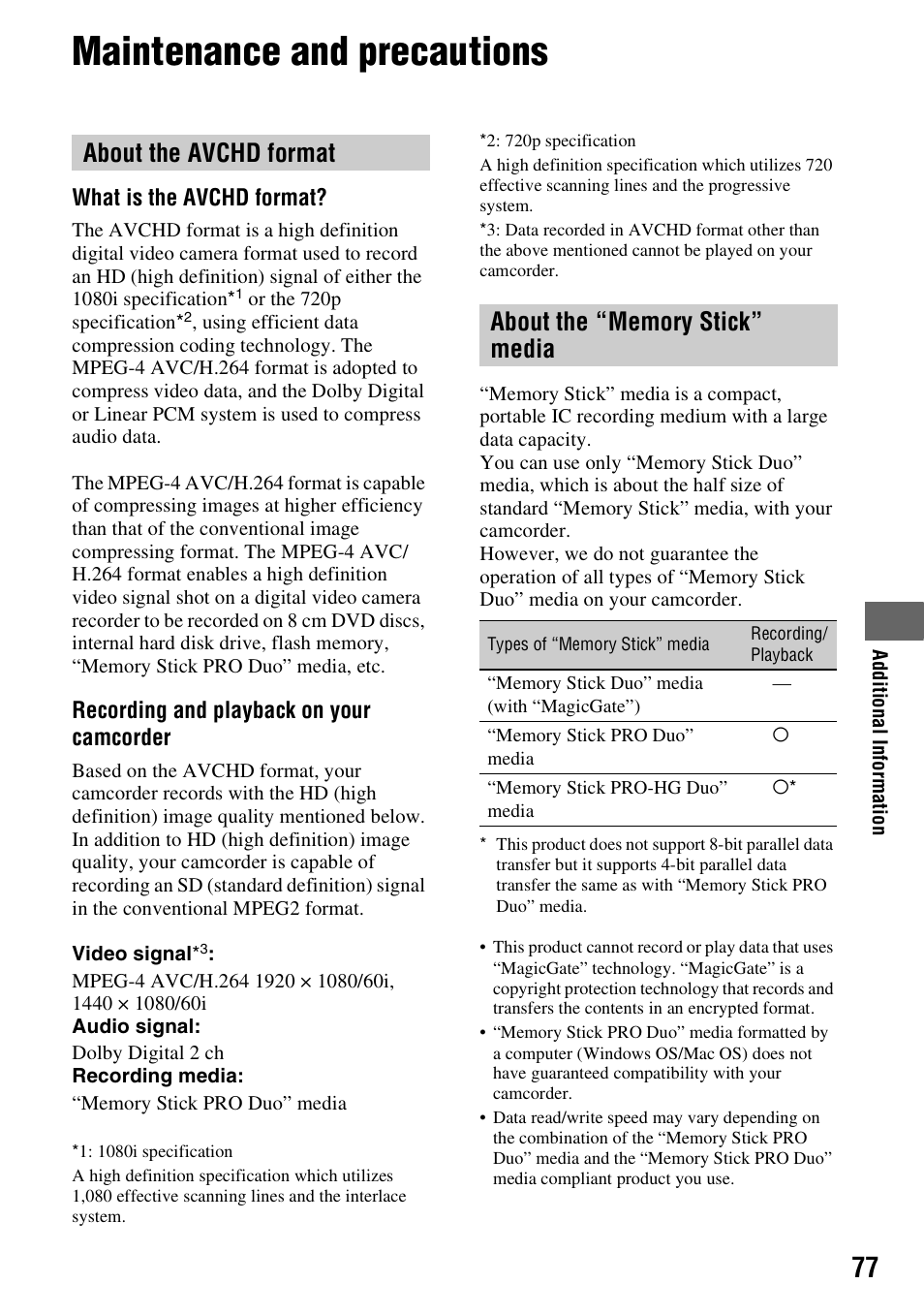 Maintenance and precautions, About the avchd format, About the “memory stick” media | P. 77), P. 77 | Sony HXR-MC1 User Manual | Page 77 / 96