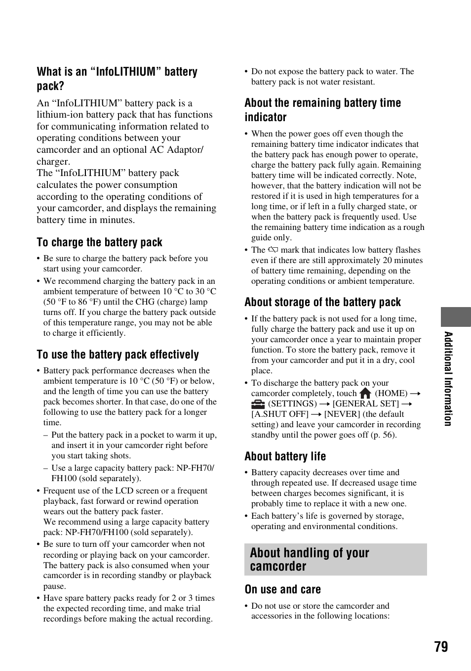 About handling of your camcorder, What is an “infolithium” battery pack, About the remaining battery time indicator | About storage of the battery pack, About battery life, On use and care | Sony HXR-MC1 User Manual | Page 79 / 96