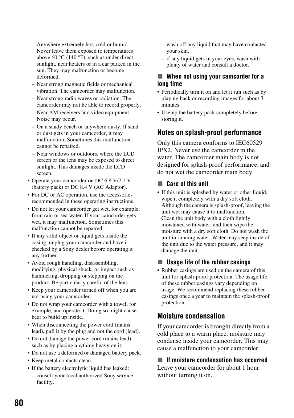 P. 80), Moisture condensation | Sony HXR-MC1 User Manual | Page 80 / 96