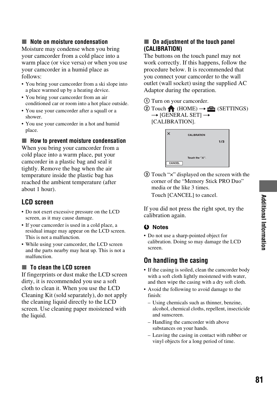 P. 81), P. 81, Lcd screen | On handling the casing | Sony HXR-MC1 User Manual | Page 81 / 96