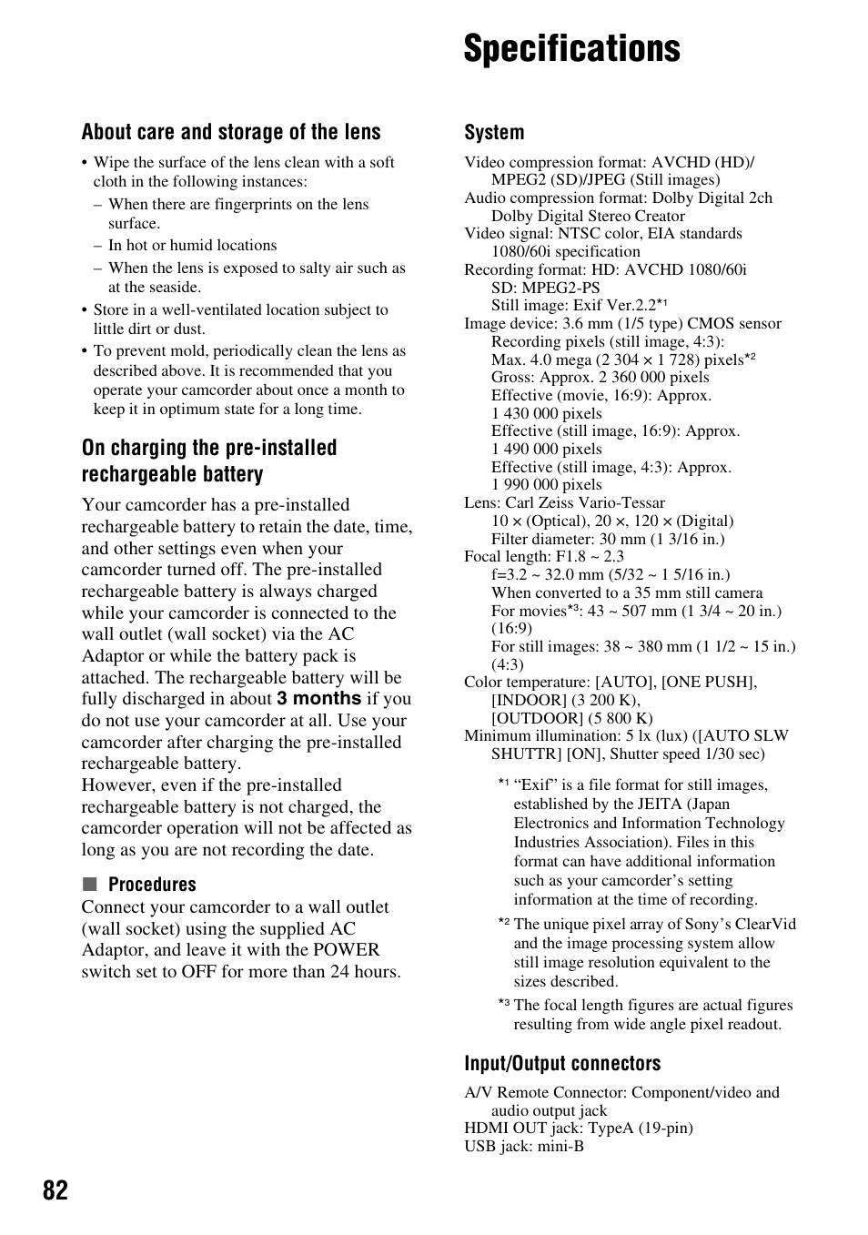 Specifications, N (p. 82), About care and storage of the lens | On charging the pre-installed rechargeable battery, System, Input/output connectors | Sony HXR-MC1 User Manual | Page 82 / 96