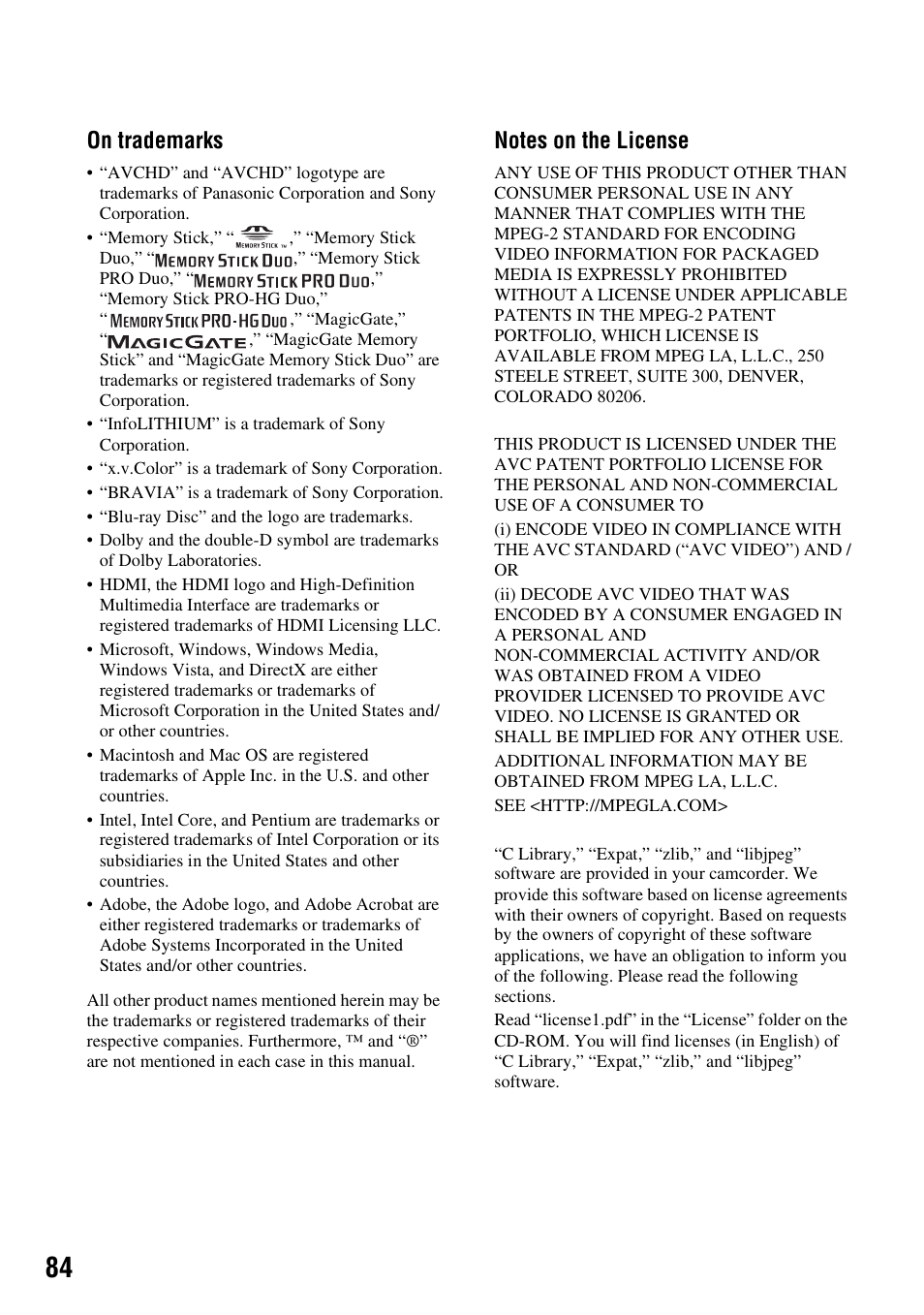 On trademarks | Sony HXR-MC1 User Manual | Page 84 / 96