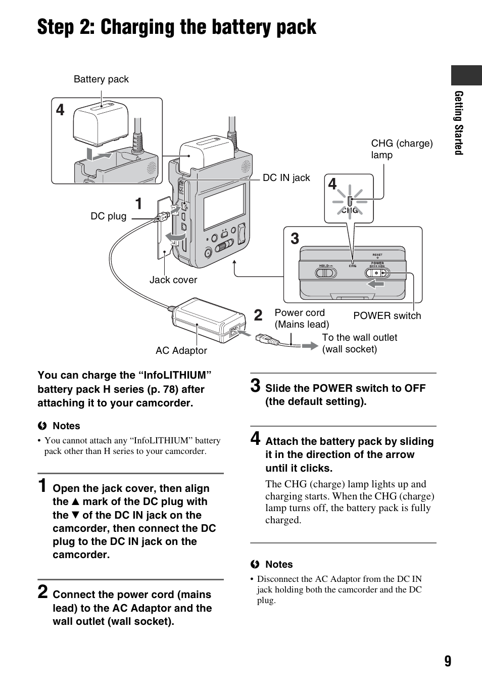 Step 2: charging the battery pack, R (1) (p. 9), P. 9 | P. 9) | Sony HXR-MC1 User Manual | Page 9 / 96