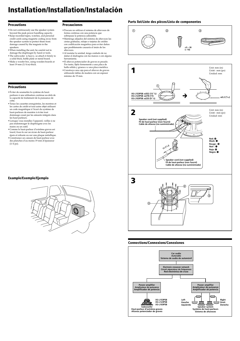 Installation/installation/instalación, Precautions, Précautions | Connections/connexions/conexiones, Precauciones | Sony XS-L123P5B User Manual | Page 2 / 2