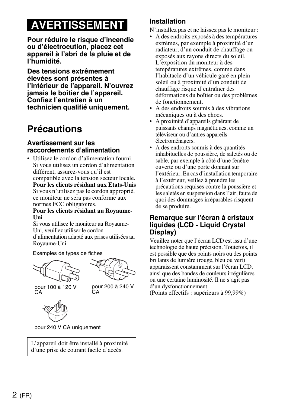 Précautions, Avertissement | Sony SDM-S95ERB User Manual | Page 14 / 52