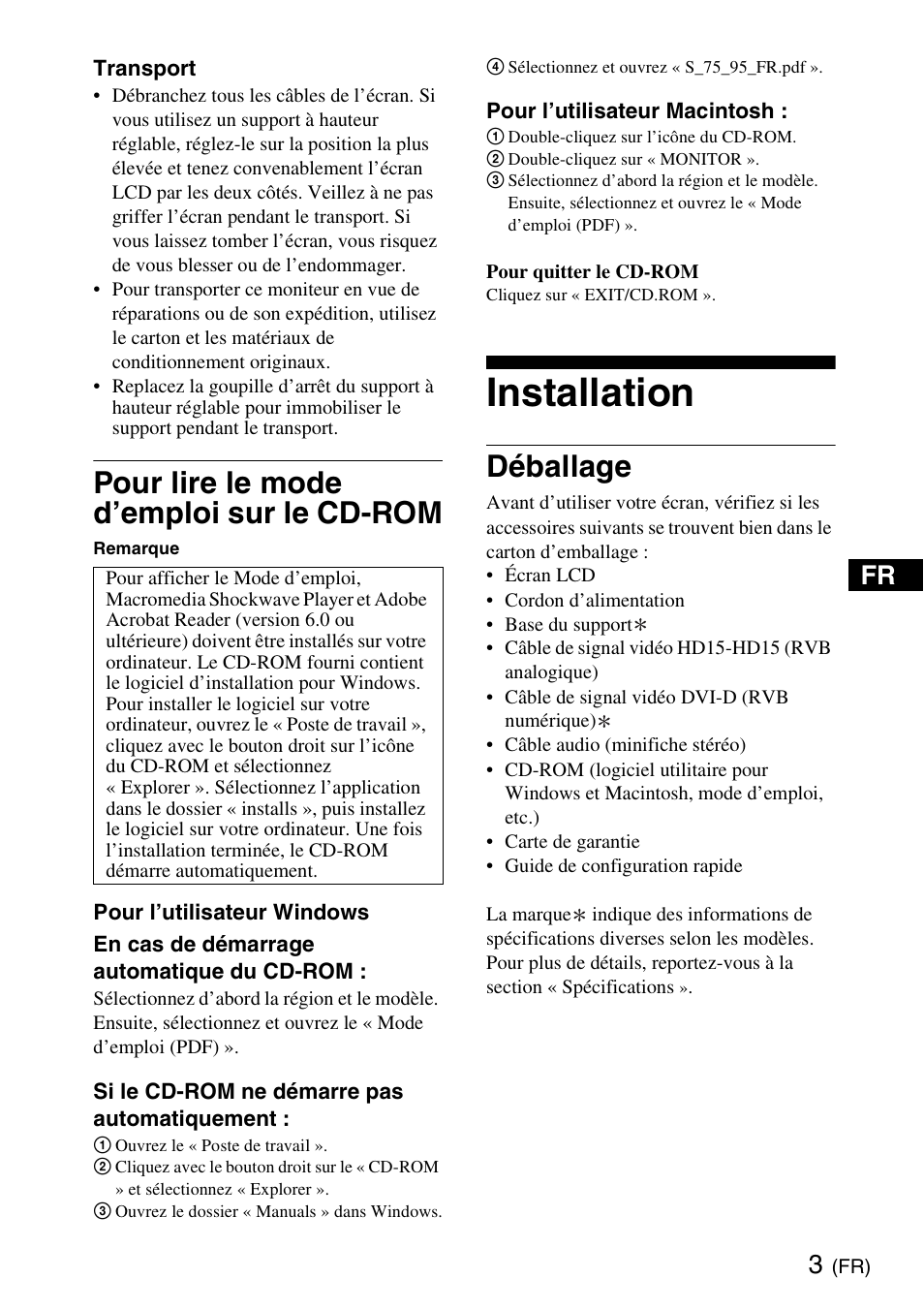 Pour lire le mode d’emploi sur le cd-rom, Installation, Déballage | Installation (fr) | Sony SDM-S95ERB User Manual | Page 15 / 52