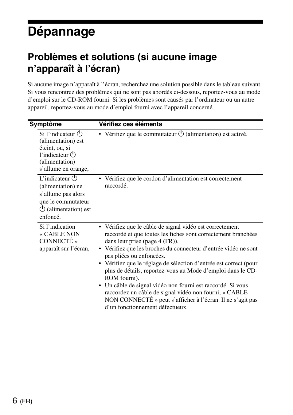 Dépannage, Dépannage (fr) | Sony SDM-S95ERB User Manual | Page 18 / 52
