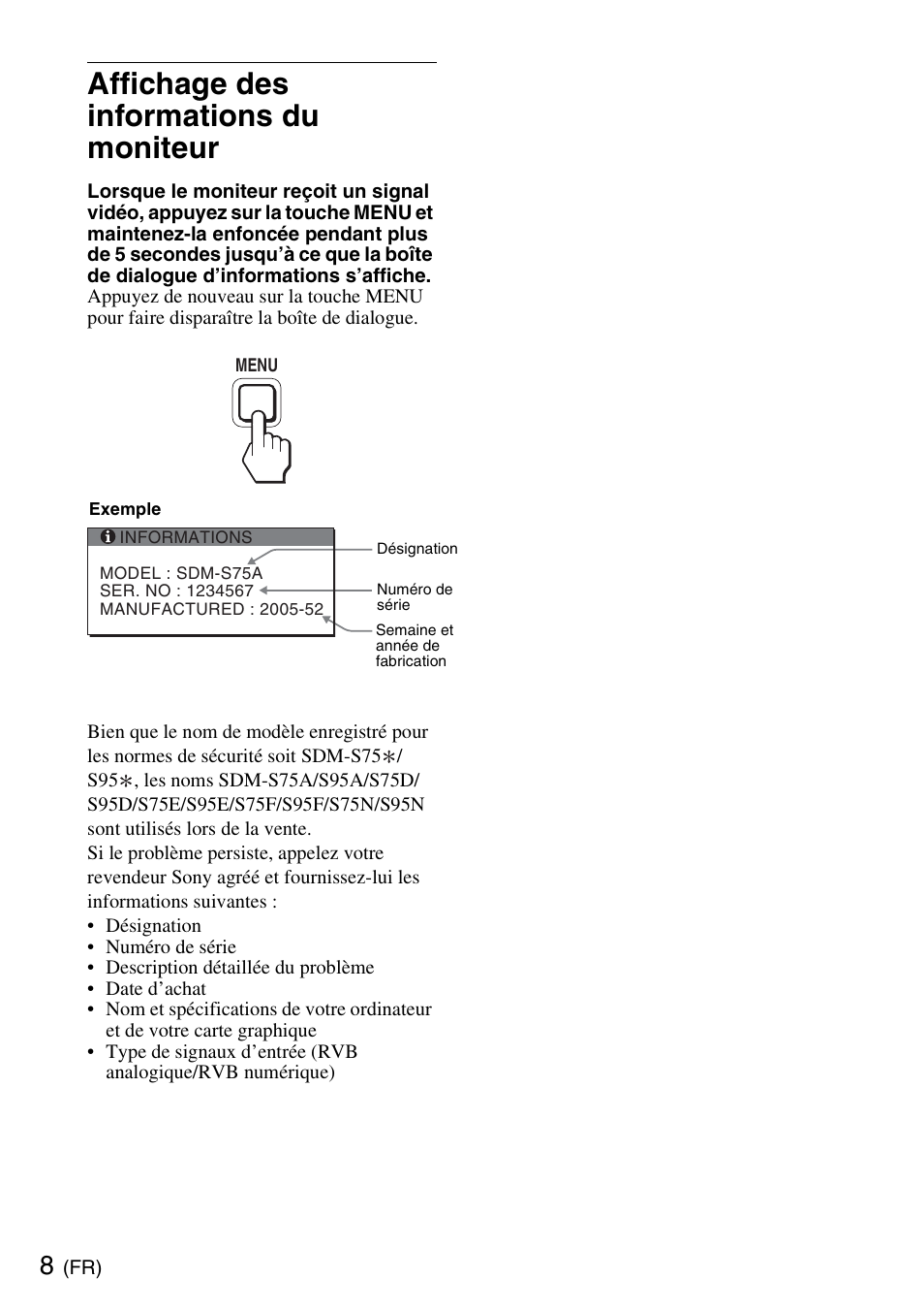 Affichage des informations du moniteur | Sony SDM-S95ERB User Manual | Page 20 / 52