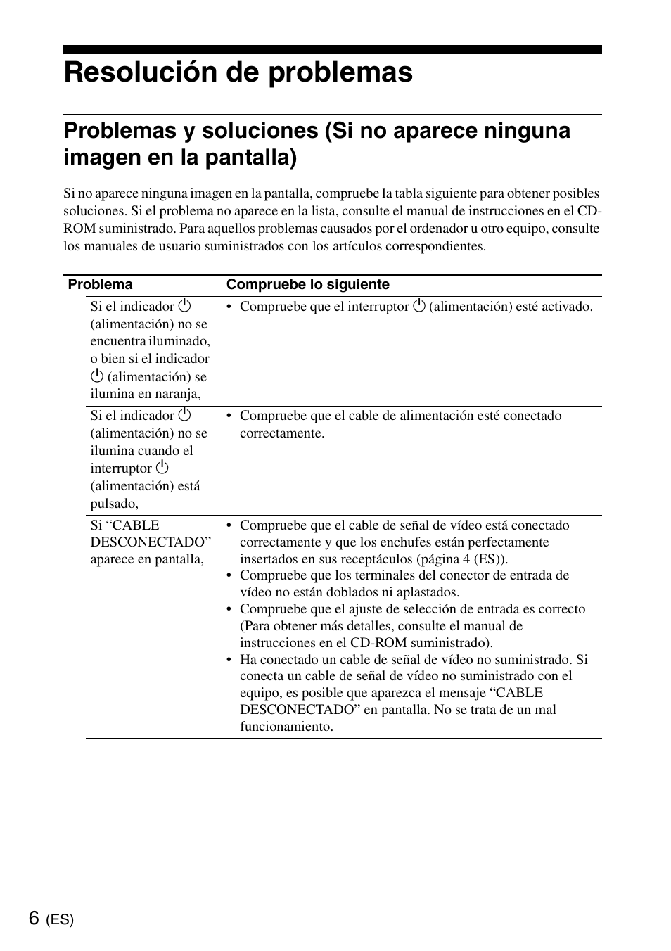Resolución de problemas, Resolución de problemas (es) | Sony SDM-S95ERB User Manual | Page 30 / 52