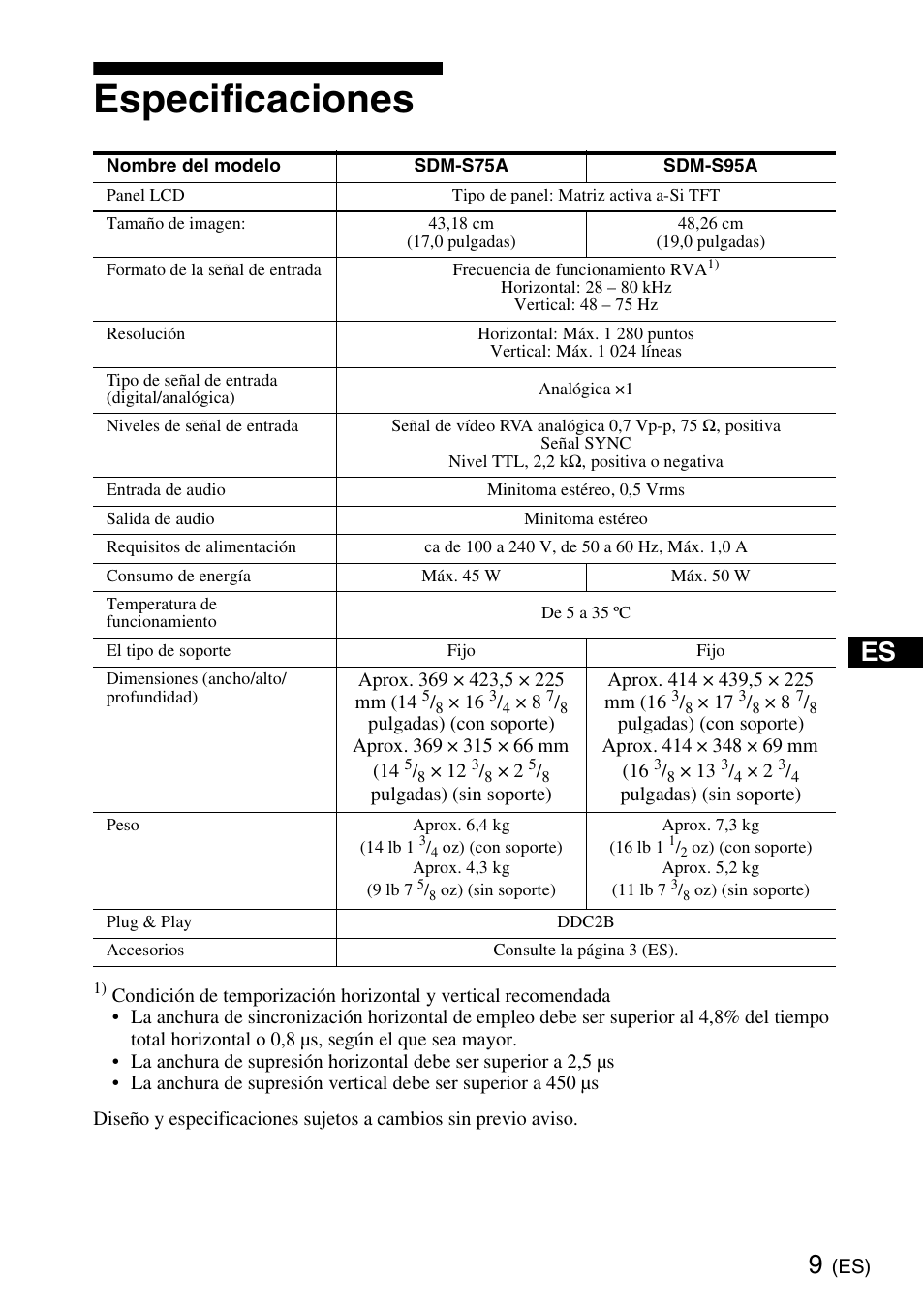Especificaciones | Sony SDM-S95ERB User Manual | Page 33 / 52