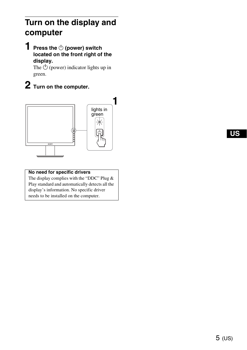Turn on the display and computer | Sony SDM-S95ERB User Manual | Page 5 / 52