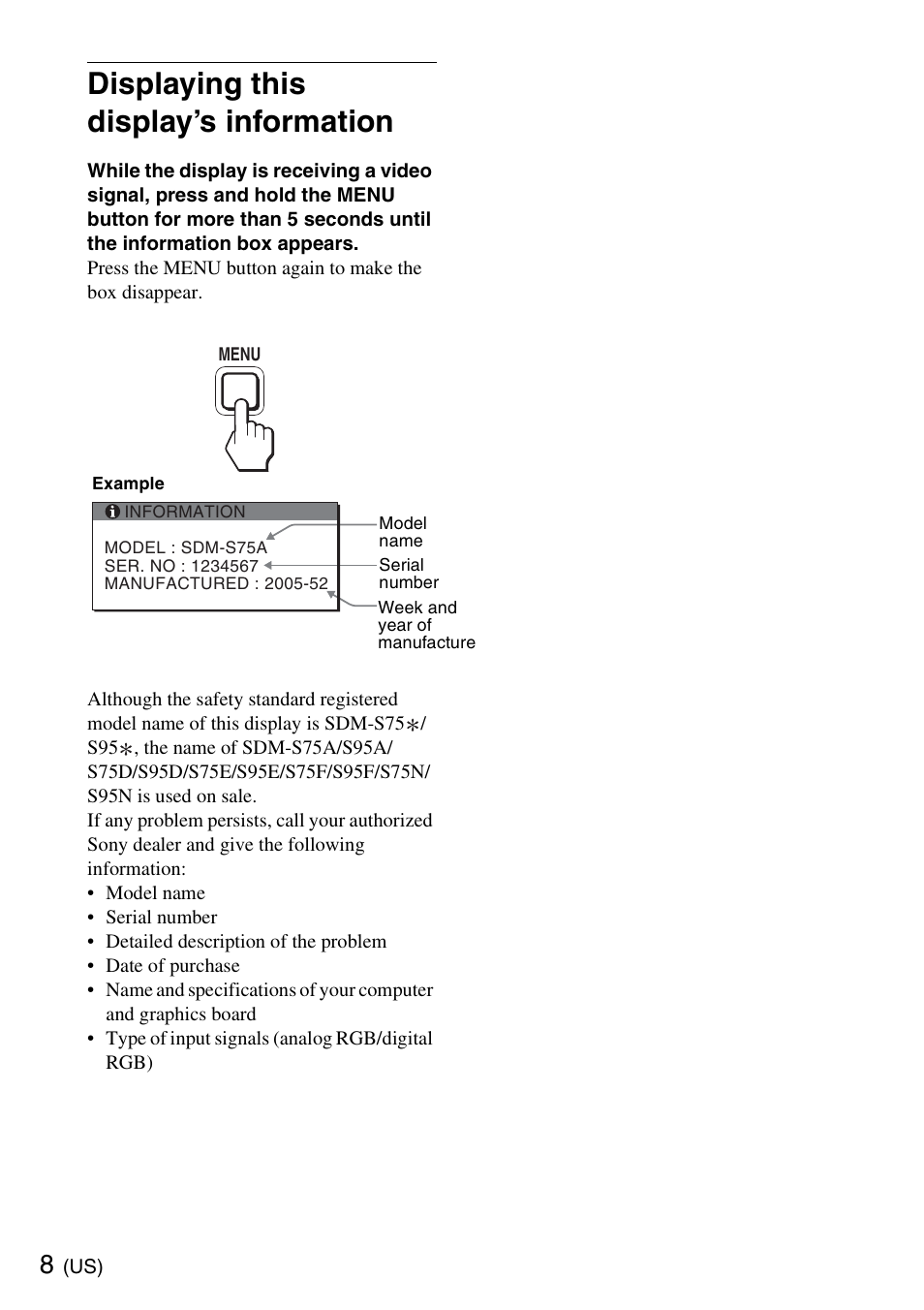 Displaying this display’s information | Sony SDM-S95ERB User Manual | Page 8 / 52