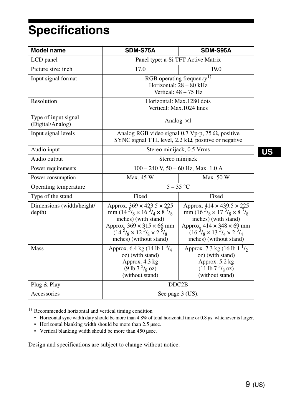 Specifications | Sony SDM-S95ERB User Manual | Page 9 / 52